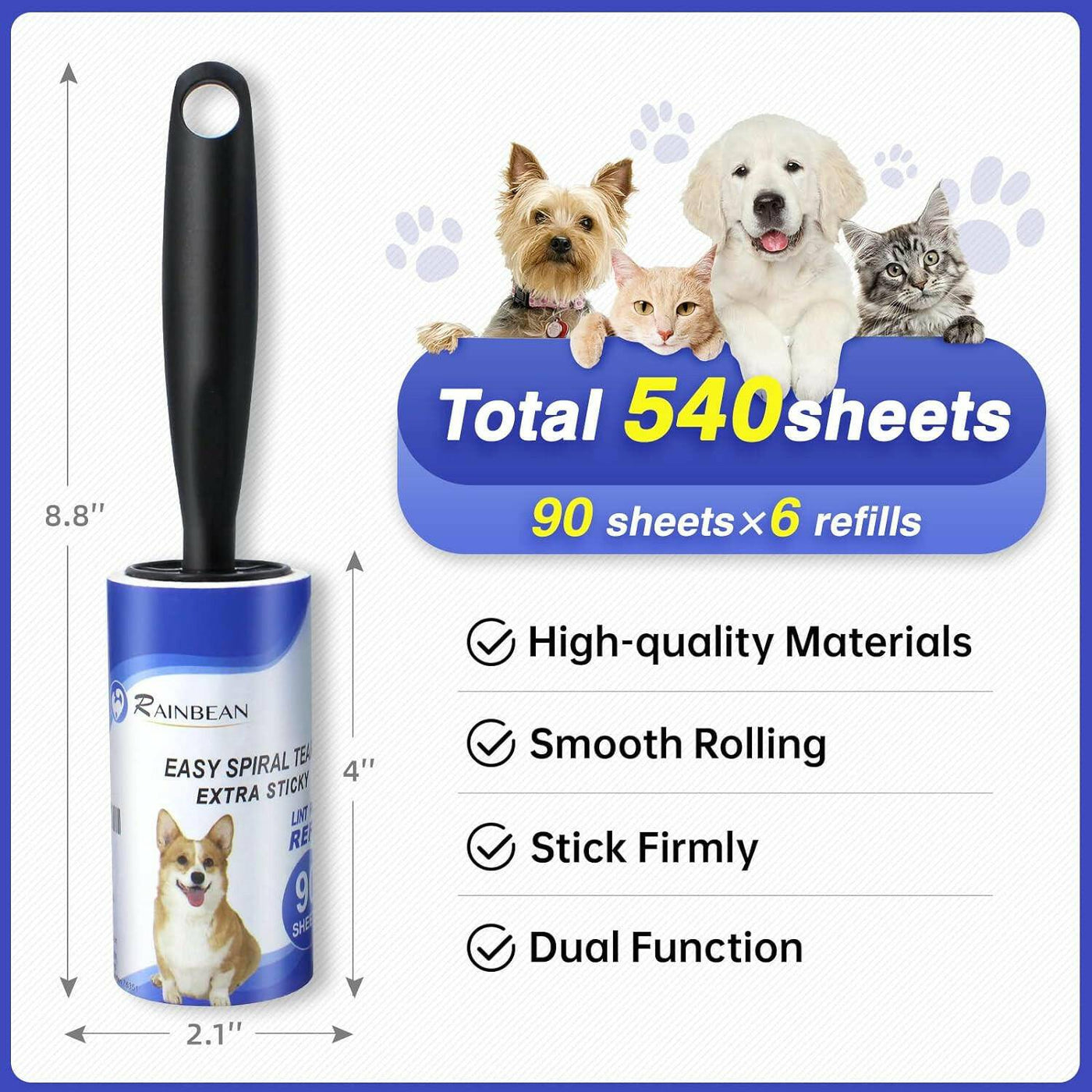 RAINBEAN Pet Hair Lint Rollers Extra Sticky, 540 Sheets™